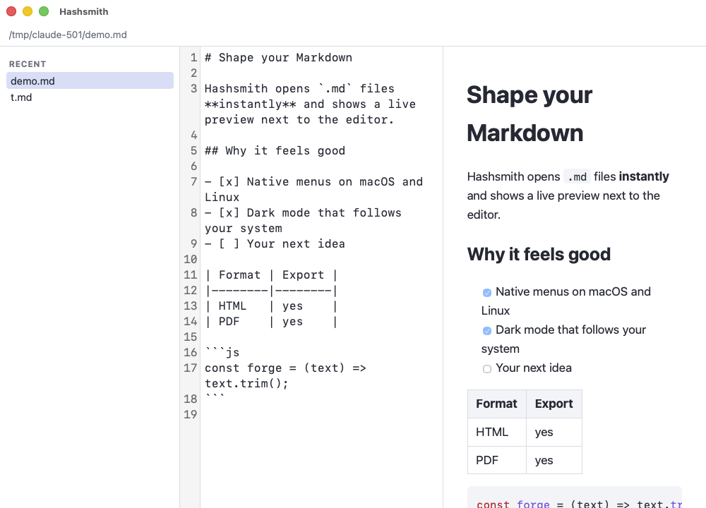 Hashsmith window with the Markdown source on the left and the rendered preview on the right